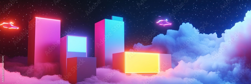 Poster futuristic cityscape with glowing structures and clouds.