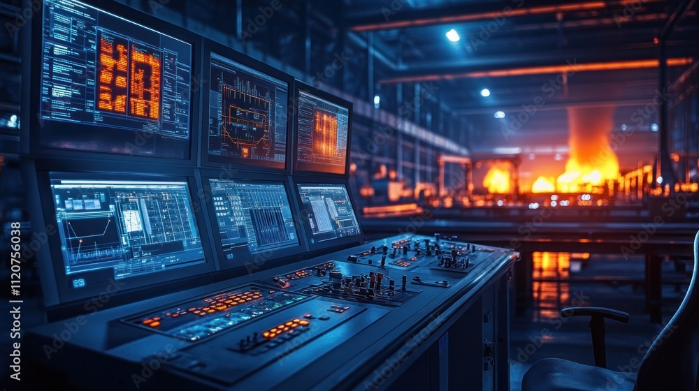 Poster industrial control room with monitors displaying data and a furnace in the background.