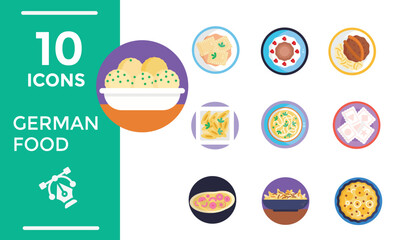 Set Icons German Food Restaurant with Collection of Delicious Cuisine Traditional and Drinks in Flat Cartoon Hand Drawn Templates Illustration