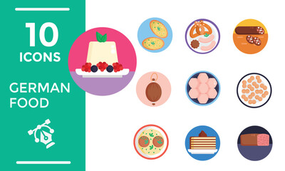 Set Icons German Food Restaurant with Collection of Delicious Cuisine Traditional and Drinks in Flat Cartoon Hand Drawn Templates Illustration