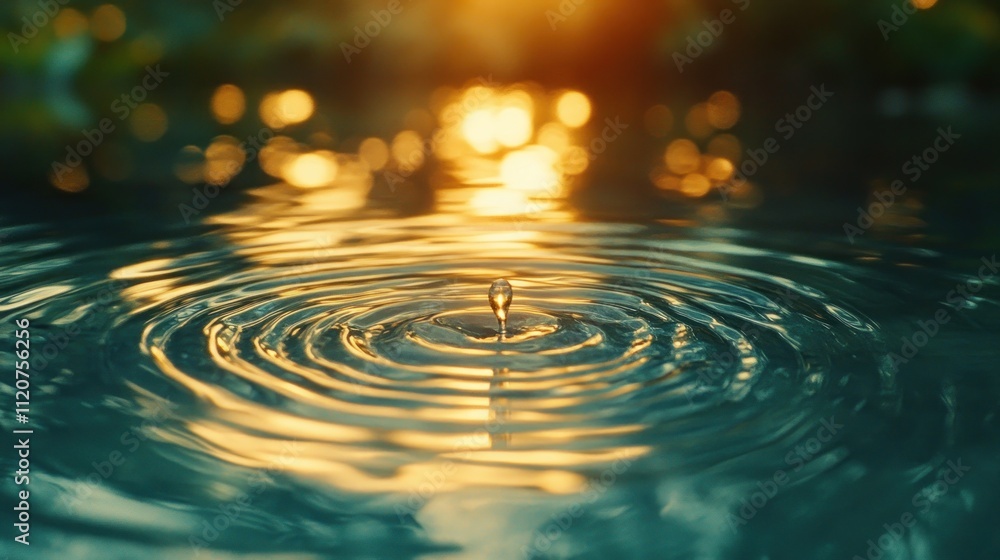 Poster water drop falling creating concentric ripples on calm water surface at sunset.