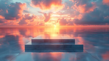 A podium made of layered glass with reflections of a sunset sky, creating a serene and warm ambiance.