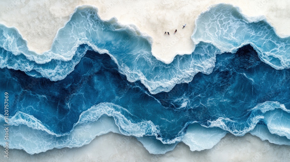 Poster aerial view of ocean waves crashing on a sandy beach with tiny figures.
