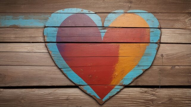 Painted heart in bright colors on rustic wood, symbolizing happiness and love.  