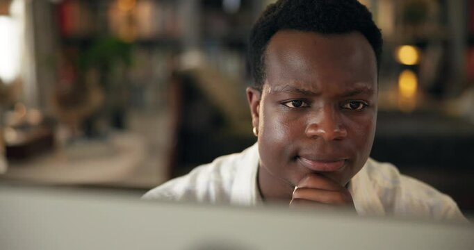 Home, black man and education with computer for reading, thesis research and solution for assessment. House, student distance learning with digital for college essay, studying and thinking for test
