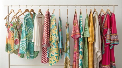 A clothing rack draped with a mix of lightweight coverups and beachwear glides effortlessly in the gentle draft. Brightly patterned kaftans and sarongs display tropical motifs and