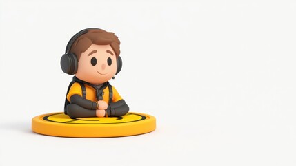 Naklejka premium Cartoon character with headphones on a coin base.