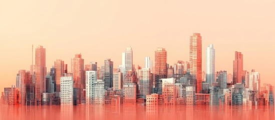 Fototapeta premium A cityscape of tall buildings against a peach sky with a pink reflecting water in the foreground.