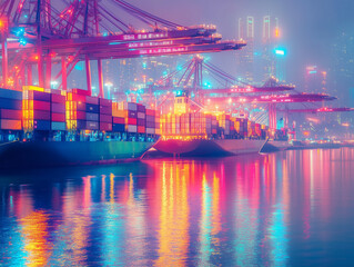 container cargo freight ship at night