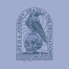 HAND DRAWN RAVEN SKULL BIRD ANIMAL DEATH MORBID DARK LIFE VINTAGE TSHIRT TEE PRINT FOR APPAREL MERCHANDISE