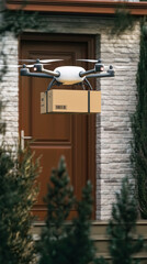 Black drone delivering a brown cardboard box to a residential house, unmanned aircraft logistics concept
