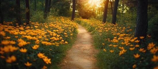 Obraz premium A winding dirt path leads through a lush forest, lined with vibrant yellow wildflowers, bathed in the golden glow of the setting sun.