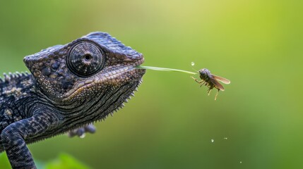 Highly detailed of a chameleon catching a grasshopper with its tongue,in soft focus against a green natural background