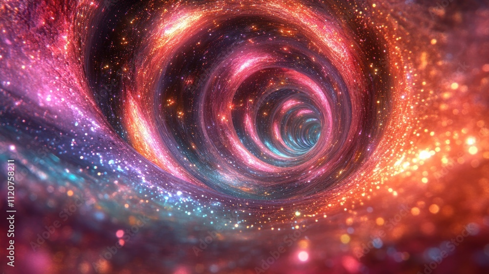 Poster abstract swirling cosmic tunnel with vibrant nebula colors and sparkling particles.