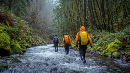 Obraz premium Three hikers wading through a misty forest stream.