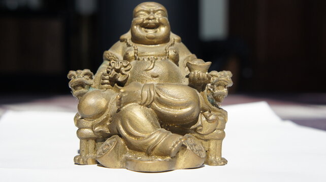 Golden Laughing Buddha Statue Figurine Sitting on Throne