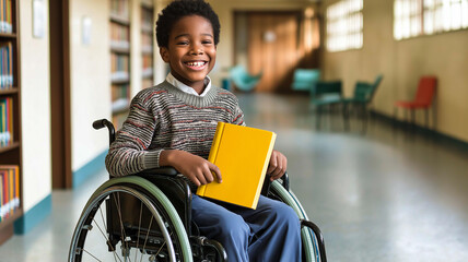Happy young disabled school student in wheelchair reading a library book. African american child with disability learning. Rainbow pride classroom. Inclusive & diverse education
