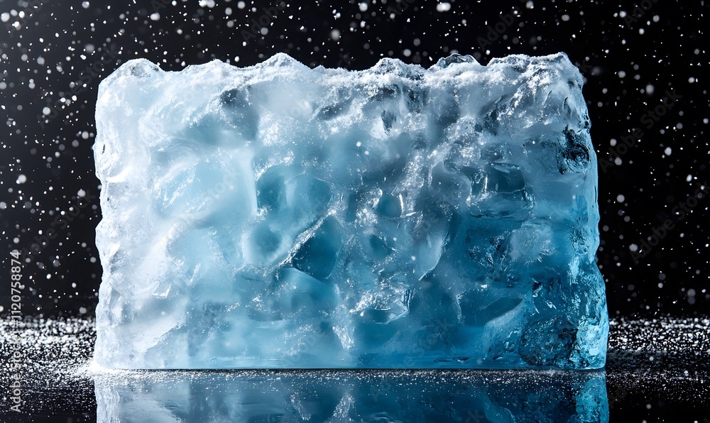 Poster large translucent blue ice cube on reflective surface with falling snow.