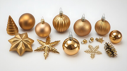 A collection of gold Christmas ornaments, including balls, stars, snowflakes, and pine cones, arranged on a white background.  Perfect for festive decorations and holiday celebrations.