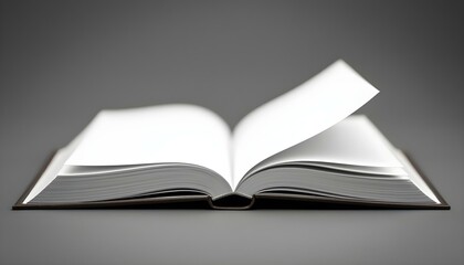 Fototapeta premium An open book with blank pages lying on a flat surface, with one page slightly curled, set against a muted monochromatic background, symbolizing knowledge and possibilities.