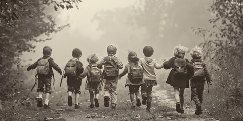 Fototapeta premium Children's Journey: A Black and White Photographic Tale of Innocence and Friendship