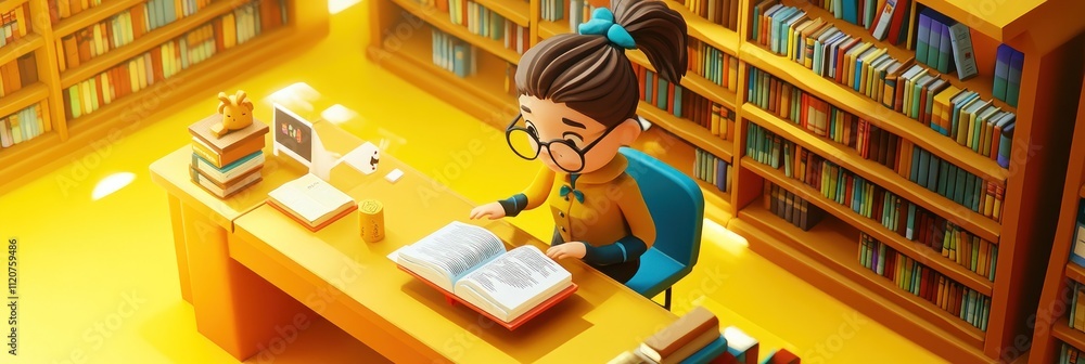 Aufkleber child reading in a colorful library setting.