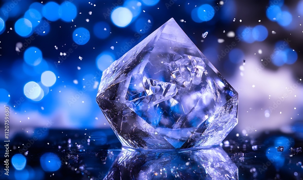 Poster sparkling ice crystal on dark background with bokeh.