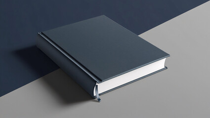 Closed dark gray hardcover book mockup on a two-tone gray and blue background