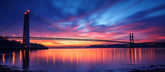 Obraz premium Suspension bridge silhouetted against a vibrant, colorful sunset with a reflection in the water.