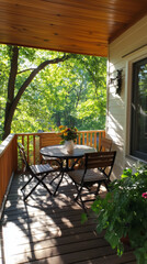 Fototapeta premium Sunny Porch with Wooden Table and Chairs