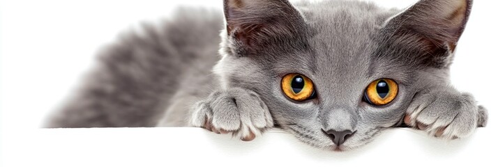 A curious gray cat with striking orange eyes.