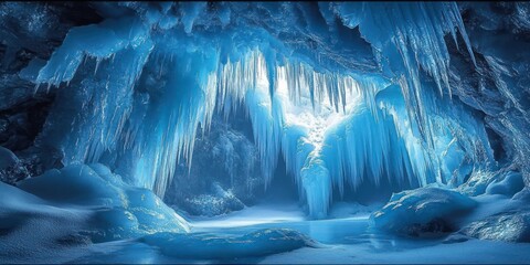 Ice Cave Route in Glacier Grotto with Giant Ice Stalactites and Blue Ice Cave