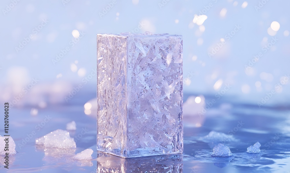 Poster crystal clear ice cube on reflective surface with ice shards.