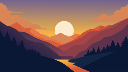 Bright sun illuminates a lush valley, casting warm light over the landscape and enhancing its natural beautflat vector illustration natural background
