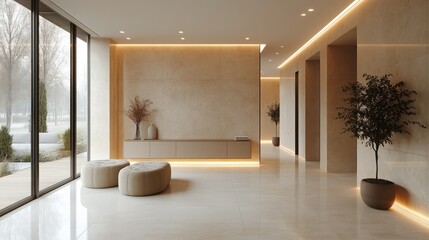 Fototapeta premium Modern minimalist hallway with beige walls, large windows, and potted plants.