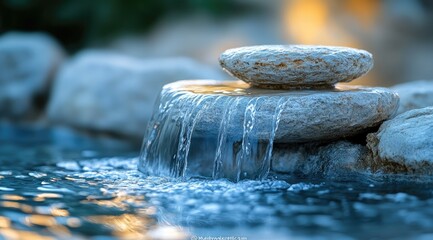 Serene cascading water feature with stacked stones, tranquil garden scene at sunset.