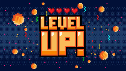 LEVEL UP text with gold coin ,with life hearts indicator on blue background.pixel art .8 bit game.retro game. for game assets in vector illustrations.	