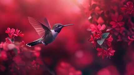 Fototapeta premium Pink blooming hummingbird in a wooded environment. Flying in a natural tropical wood habitat, red flower, green violet ear, Colibri thalassinus