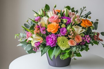 Fototapeta premium Bright and colorful flower arrangement displayed in a modern vase on a simple white table