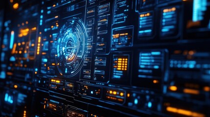 Fototapeta premium Futuristic digital interface with glowing HUD elements and data streams.