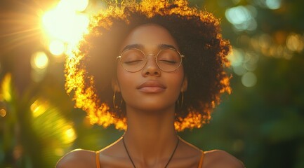 Fototapeta premium Serene young woman with eyes closed, backlit by golden sunlight, surrounded by lush greenery.