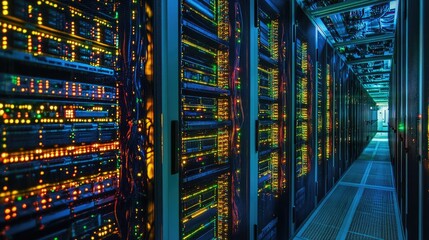 Server room interior with rows of lit network servers.