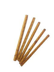 biscuit sticks with sweet chocolate filling on white background