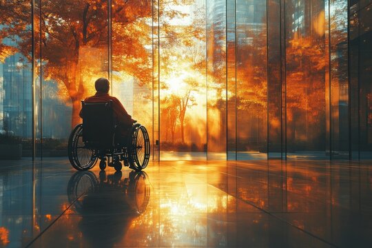 Wheelchair User in Modern Corridor Serene Interior Scene