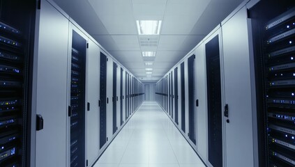 Modern server room interior with rows of data storage racks.