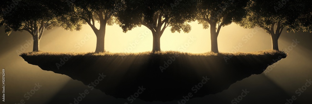 Poster floating trees illuminated by soft light.