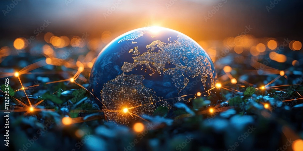 Poster Digital Earth Globe with Global Network Connectivity and Business Trading in Cyberpunk Style
