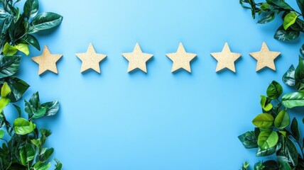 Naklejka premium Six wooden stars on blue background with green leaves