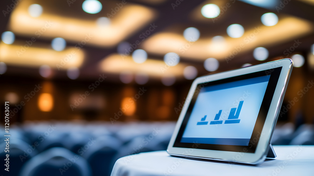 Poster a tablet displaying a graph sits on a table in a blurry conference room. the background shows rows o