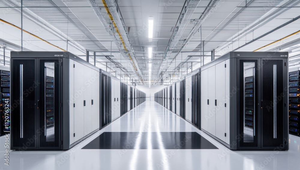 Aufkleber modern data center interior with rows of server racks.